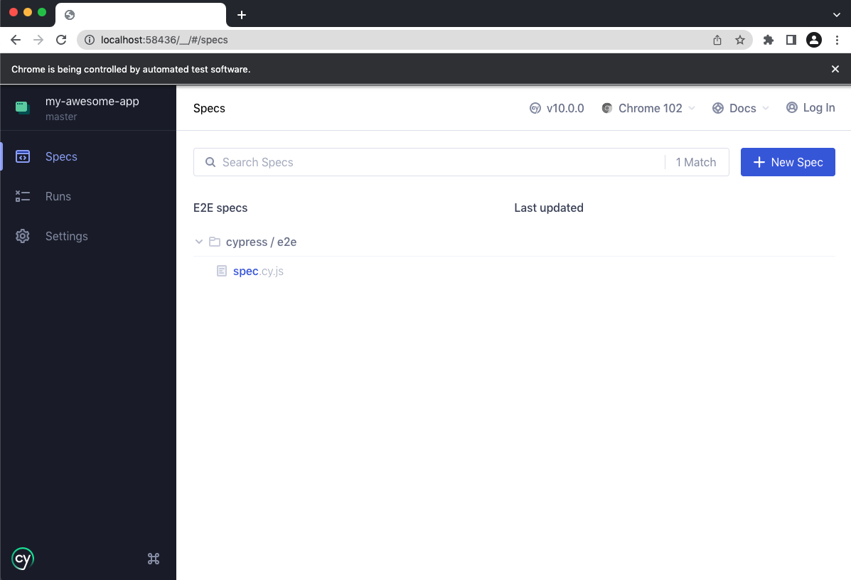 Cypress showing the spec list with the newly created spec